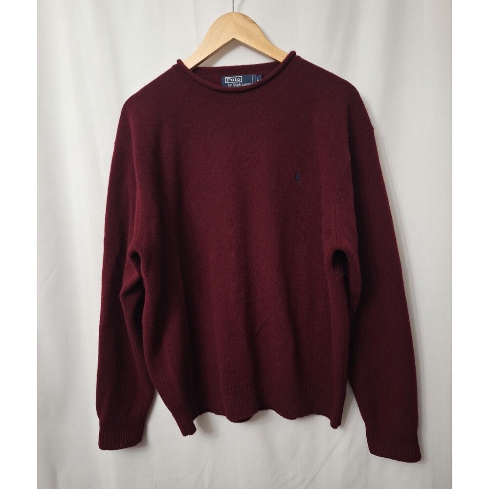 Vintage Polo Ralph Lauren Lambswool Sweater Mens Large Roll Neck Burgundy Preppy